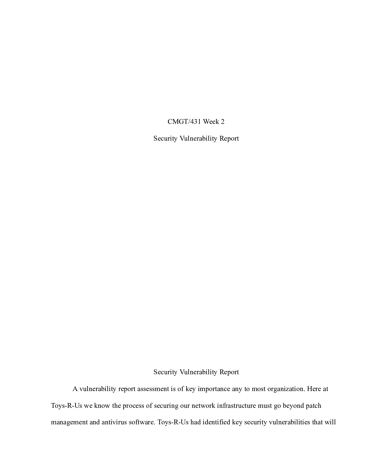 Preview image of Asset_Ident.docx    CMGT/431 Week 2  Security Vulnerability Report  Security Vulnerability document